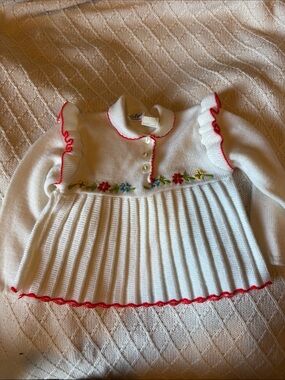 White Knit Girls' Sweater Top with Red Trim and Floral Embroidery